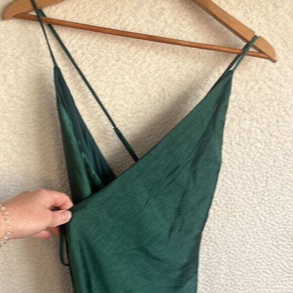 Lulus Fondly Loved Dark Green Satin Wrap Maxi Dress Womens XS - Picture 4 of 11